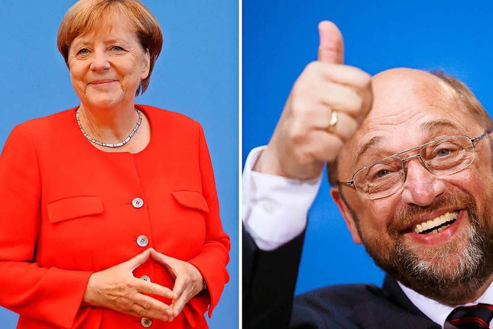 Besuchen Freiburg: Die Kanzlerkandidaten Angela Merkel (CDU) und Martin Schulz (SPD) (Foto: dpa)
